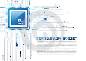 Circuit board microchip processor on the blue background. Quantum computer, large data processing, database concept.