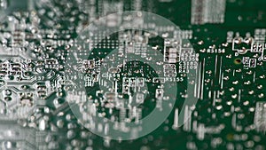 Circuit board with microelectronics surface. Circuit board in close-up macro. Circuit board for digital technology. Circuit board