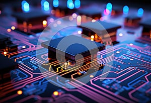 Circuit board with microprocessors and backlight - close-up of technology in action, ideal for backgrounds and illustrations