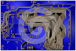 Macro of electronic circuit board PCB in blue and white.