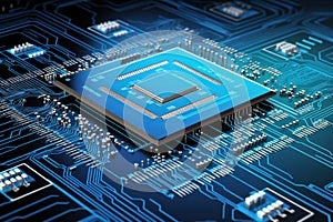 Circuit board with processor, close-up.