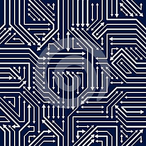 Circuit board seamless pattern, vector background. Microchip technology electronics wallpaper repeat design.