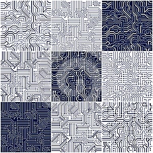 Circuit board seamless patterns set, vector backgrounds collection.