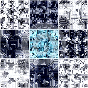 Circuit board seamless patterns set, vector backgrounds collection.