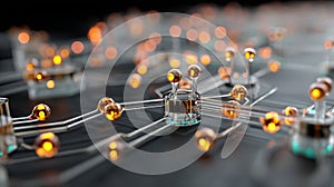 Close-up of a microchip under development, glowing nodes and nano-tech. Circuit board. Technology background. Central Computer