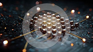 Close-up of a microchip under development, glowing nodes and nano-tech. Circuit board. Technology background. Central Computer