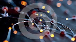 Close-up of a microchip under development, glowing nodes and nano-tech. Circuit board. Technology background. Central Computer