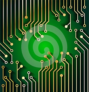 Circuit Board Technology Concept  Background.  Gold circuit board . green background. light and shadow