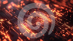 Circuit board technology processing data with glowing lines