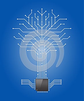 Circuit board tree on blue background