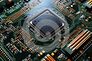 Circuit boards combine ICs, RAMs, EEPROMs, and capacitors for electronic functions photo