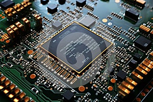 Circuit boards integrate ICs, RAMs, EEPROMs, and capacitors for functionality photo