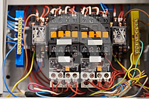 Circuit breaker in switch box. Control voltage switchboard. Distribution board for control electrical voltage in house or office