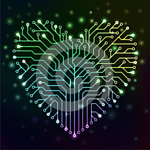 Circuit heart with multicolor neon lights