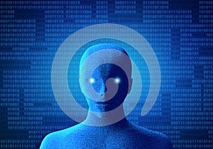 Circuit human with binary code on blue background. Artificial in