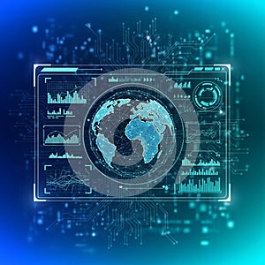 Circuit like patterns and abstract technological elements form the background