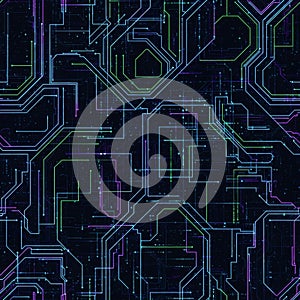 Circuit pattern on a dark background with interconnected linear pathways