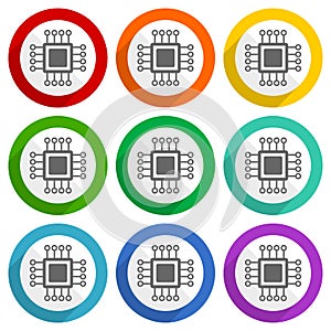 Circuit, technology, chip, processor vector icons, set of colorful flat design buttons for webdesign and mobile applications