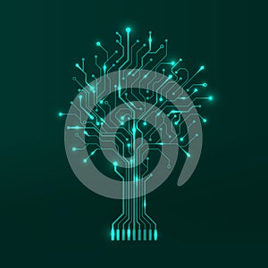 Circuit tree on green background. Modern hardware design. Science and technology concept. Computer motherboard system. Vector