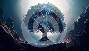 Circuit Tree Growing on AI Microchip Platform. AI themed Background. Generated Image