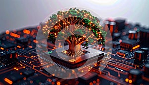 Circuit Tree Growing on AI Microchip Platform. AI themed Background. Generated Image