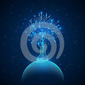 Circuit tree on network sphere. Abstract futuristic hologram sci fi background. Vector