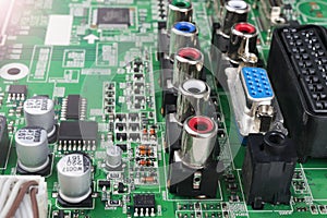 Circuitboard with resistors, microchips and electronic components. Electronic computer hardware technology. Integrated communicati