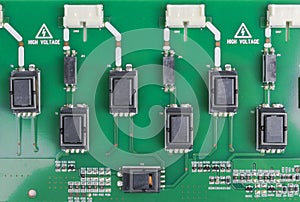 Circuitboard with resistors, microchips and electronic components. Electronic computer hardware technology. Integrated communicati