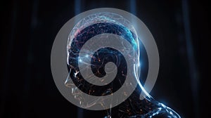 Circuitry and wiring visible on intelligent human machine. Chat GPT. Generative AI. photo