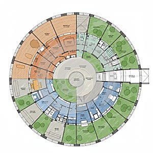 Circular architectural floor plan featuring multiple segmented