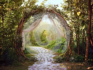Circular archway painting surrounded by forest plants and trees