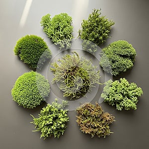 A circular arrangement of various moss
