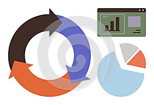 Circular Arrow Diagram with Pie Chart and Bar Graph for Data Analysis and Workflow Visualization