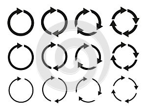Circular arrows. Round arrow icons. Circle loop for reset, spin, repeat and reload. Set of arrows for rewind, rotate, synchronize
