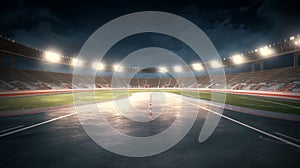 Circular asphalt racing track with cheering fans and illuminated floodlights, Generative AI photo