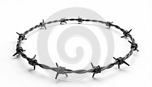 Circular barbed wire frame, sharp spikes, white background, protection, border