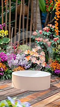 A circular bench surrounded by a lush, vibrant assortment of garden flowers creates a picturesque scene.