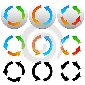 Circular, circle arrow icons, symbols. Colorful and black versions. Vector photo