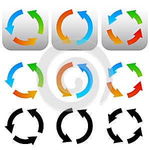 Circular, circle arrow icons, symbols. Colorful and black versions. Vector photo