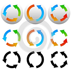 Circular, circle arrow icons, symbols. Colorful and black versions. Vector