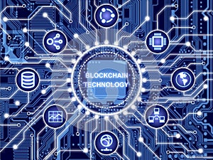 Circular circuit board surrounded by technical and financial symbols blockchain technology concept