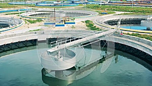 Circular clarifiers located at a massive sewage water cleaning facility