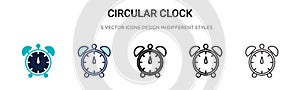 Circular clock icon in filled, thin line, outline and stroke style. Vector illustration of two colored and black circular clock