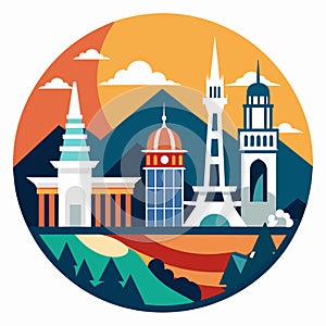 A circular composition featuring various iconic city landmarks from around the world, Iconic landmarks from around the world in a