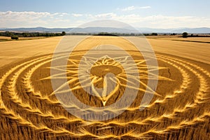 a circular crop circle design in a golden wheat field