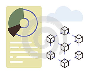 Blockchain Network with Data Analytics Pie Chart and Cloud Storage Concept