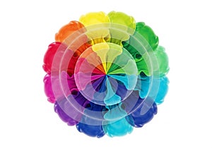 Circular design featuring multiple vibrant, translucent petals in a