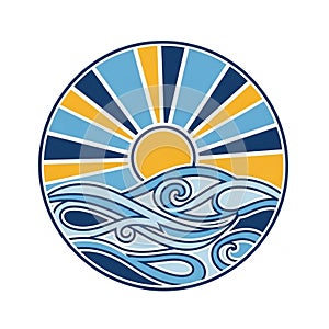 Circular design featuring a stylized sun with yellow and blue rays extending outward.
