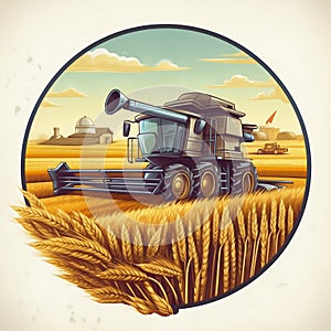 Circular Design Logo of Modern Tractor in Center with Agricultural Fields Isolated on White Background. Generative ai