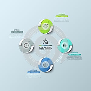 Circular diagram with 4 equal round elements connected by lines and text boxes, modern infographic design template